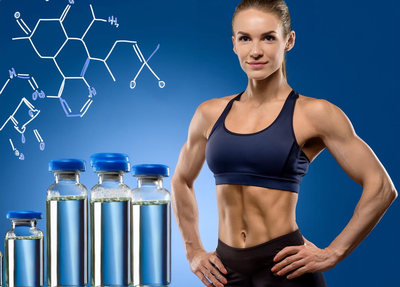 A woman stands next to vials of peptides and chemical structure