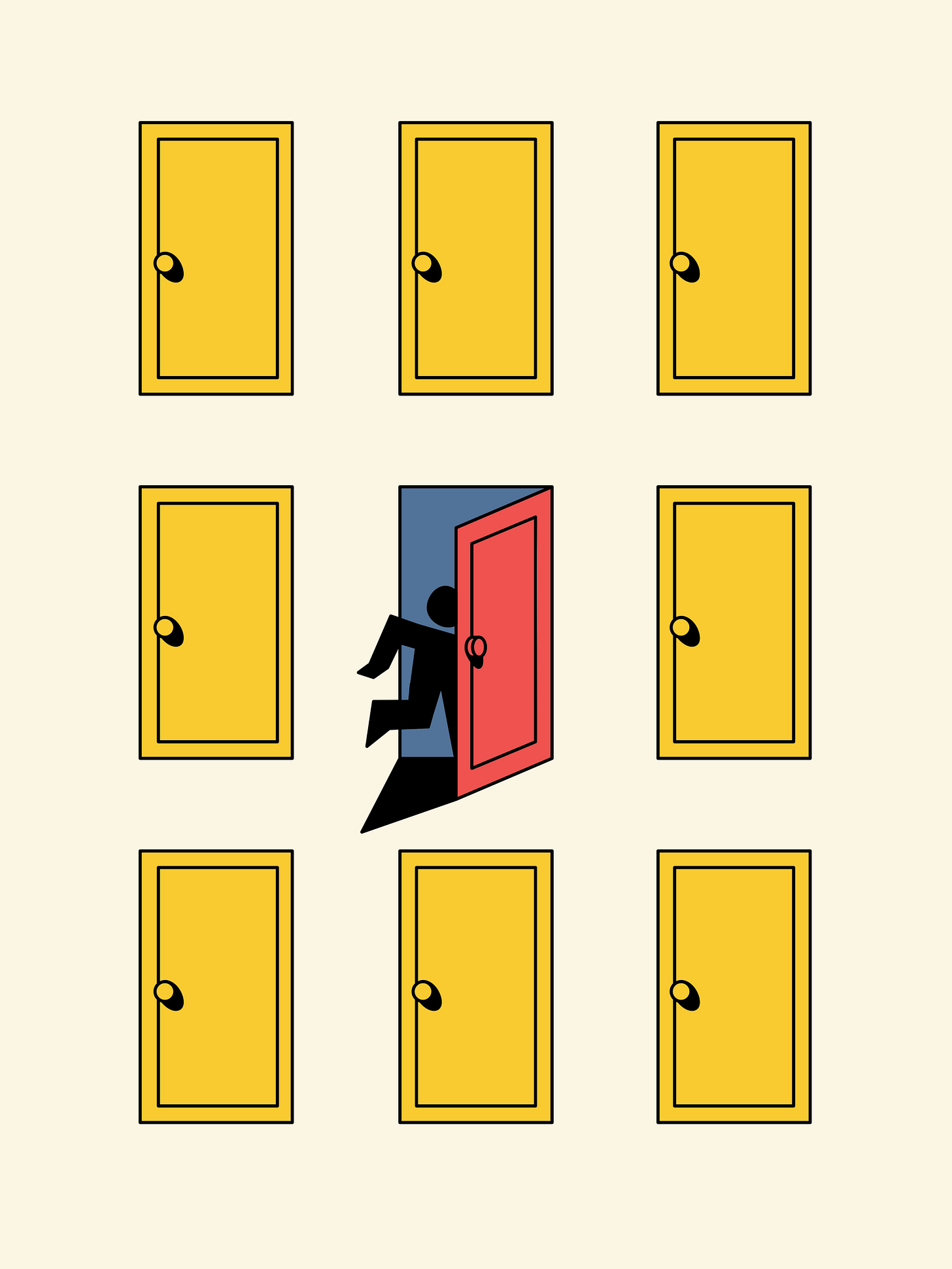 a collection of closed yellow doors with one red one which a man is walking into