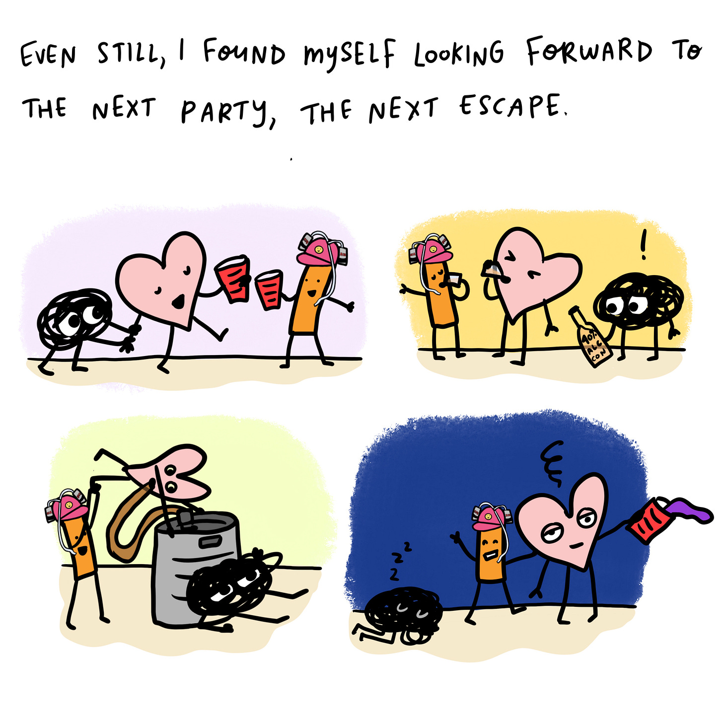 Slide seven text: Even still, I found myself looking forward to the next party, the next drinking escape.  Illustration: A few illustrations of me and the Partier drinking/partying, Anxiety looking stressed, then dizzy, then sleepy in them