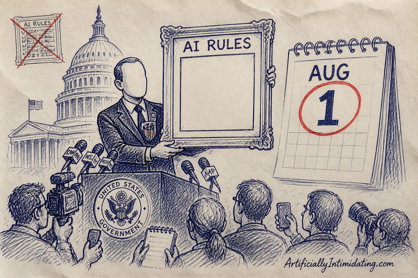 Editorial cartoon: a government official presents an empty picture frame labeled AI RULES beside a calendar showing August 1 circled in red