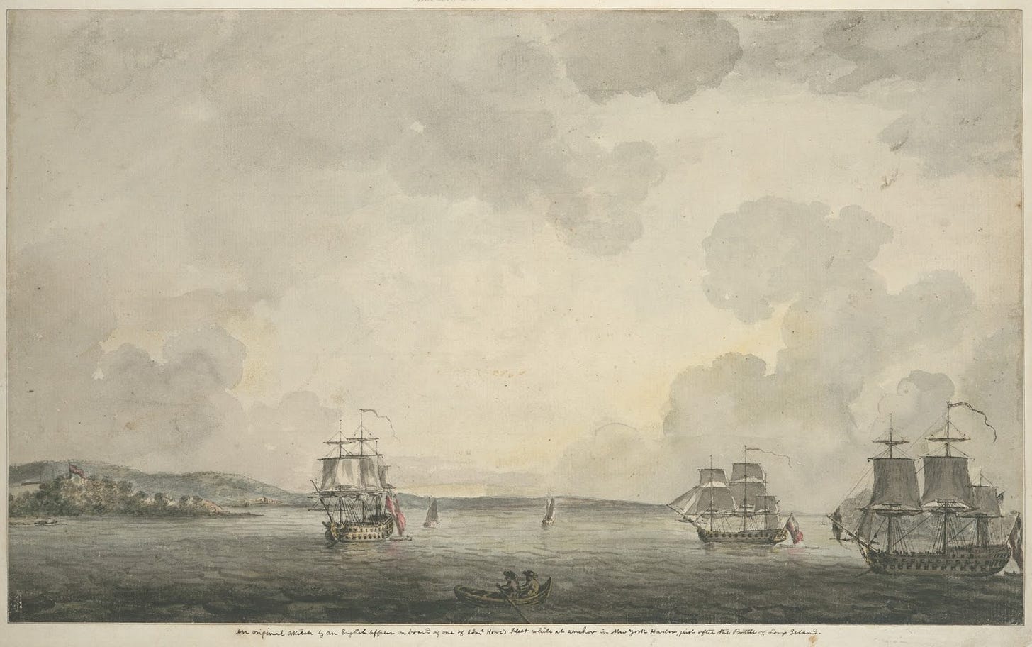 British Tars, 1740-1790: An original sketch by an English officer on board  of one of Adml. Howe's Fleet while at anchor in New York Harbor, 1776