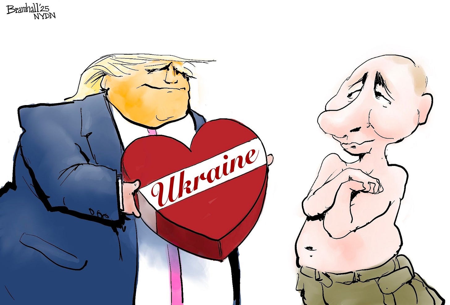 Cartoon of tiny-handed lardy gangster Donald Trump handing a red heart-shaped box with a white ribbon across it which says "Ukraine" to a shirtless Vladimir Putin who is clasping his hands together in delight like a gushing goomah girlfriend.

(Bill Bramhall,New York Daily News)

