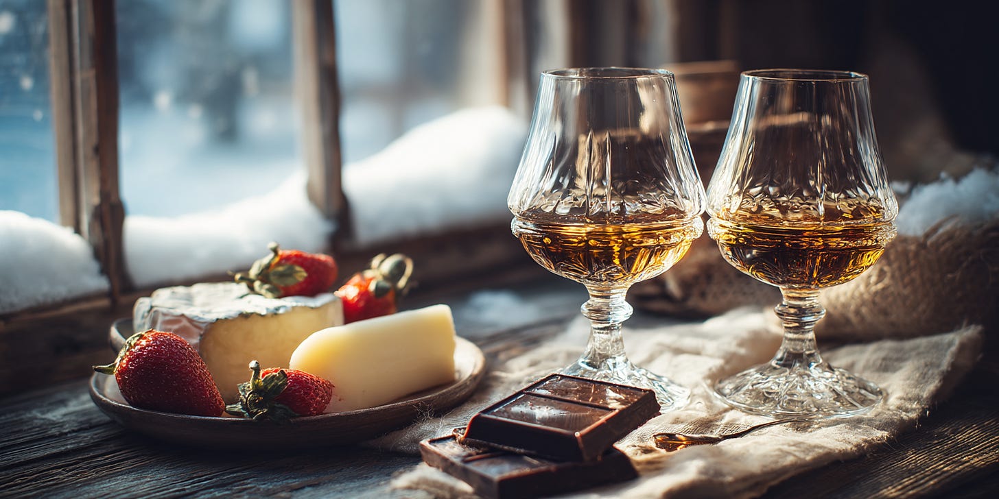 Crystal glasses of Canadian ice wine with Brie, strawberries, and dark chocolate. Crystal glasses of Canadian ice wine with Brie, strawberries, and dark chocolate.