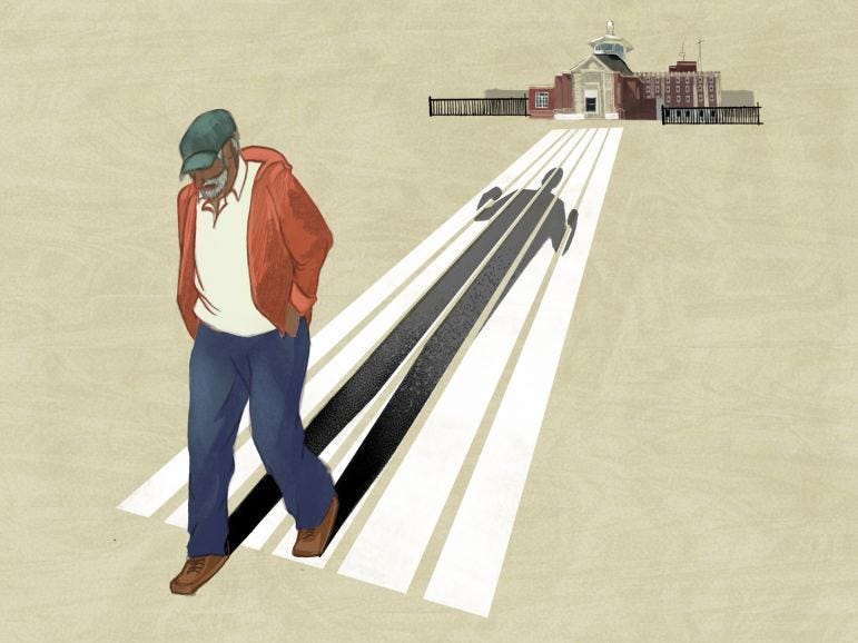 Illustration of an older man walking away from a prison building in the background, but a long shadow trails behind him. Illustration of an older man walking away from a prison building in the background, but a long shadow trails behind him.