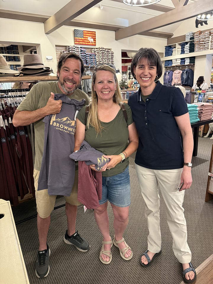Photos of us at Brownfield's store in Estes Park, Colorado.