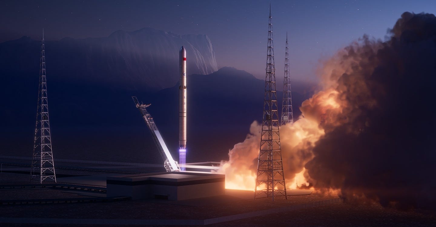 A render of Leap-1A lifting off under the power of nine YF-209 liquid methane and liquid oxygen burning engines.