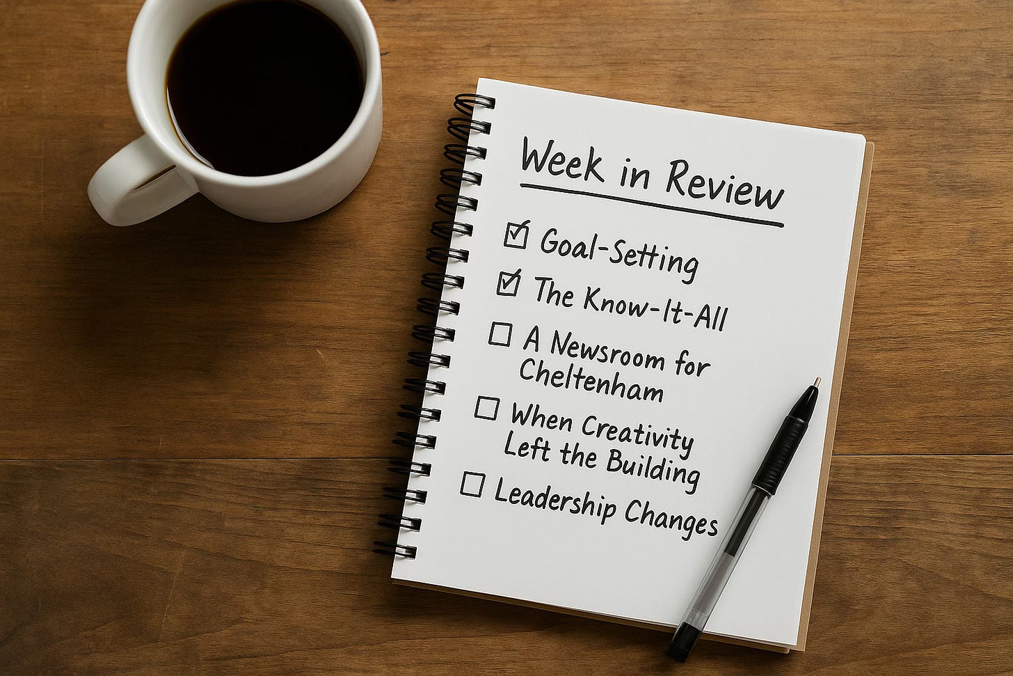 Overhead view of a wooden desk with an open notebook, checklist, pen, and coffee cup. Overhead view of a wooden desk with an open notebook, checklist, pen, and coffee cup.