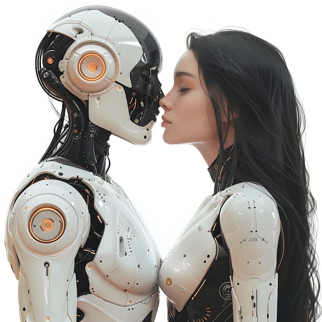 Human and robot couple of two love and hugging robotic man ...