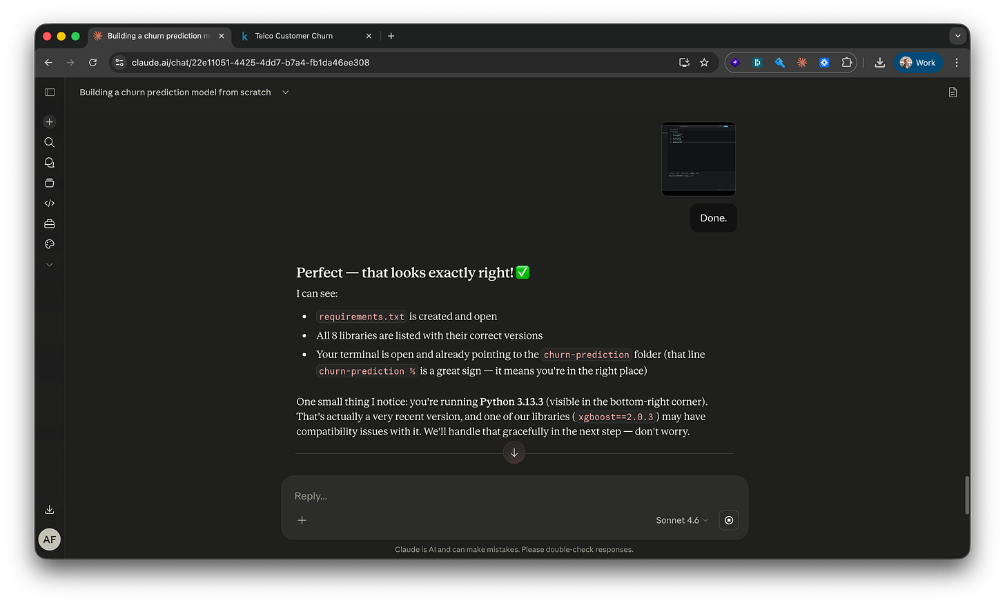 Claude.ai response titled “Perfect — that looks exactly right!” identifying Python 3.13.3 from a VS Code screenshot and noting potential xgboost compatibility