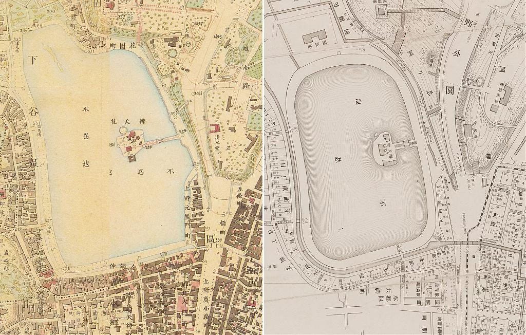 Map of Shinobazu Pond in 1883 (left) and in 1894 (right)