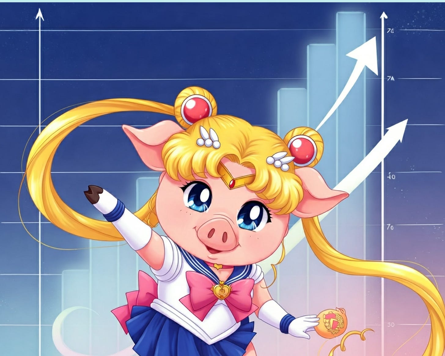 Sailor moon come un maiale con sullo sfondo un grafico che cresce Sailor moon come un maiale con sullo sfondo un grafico che cresce