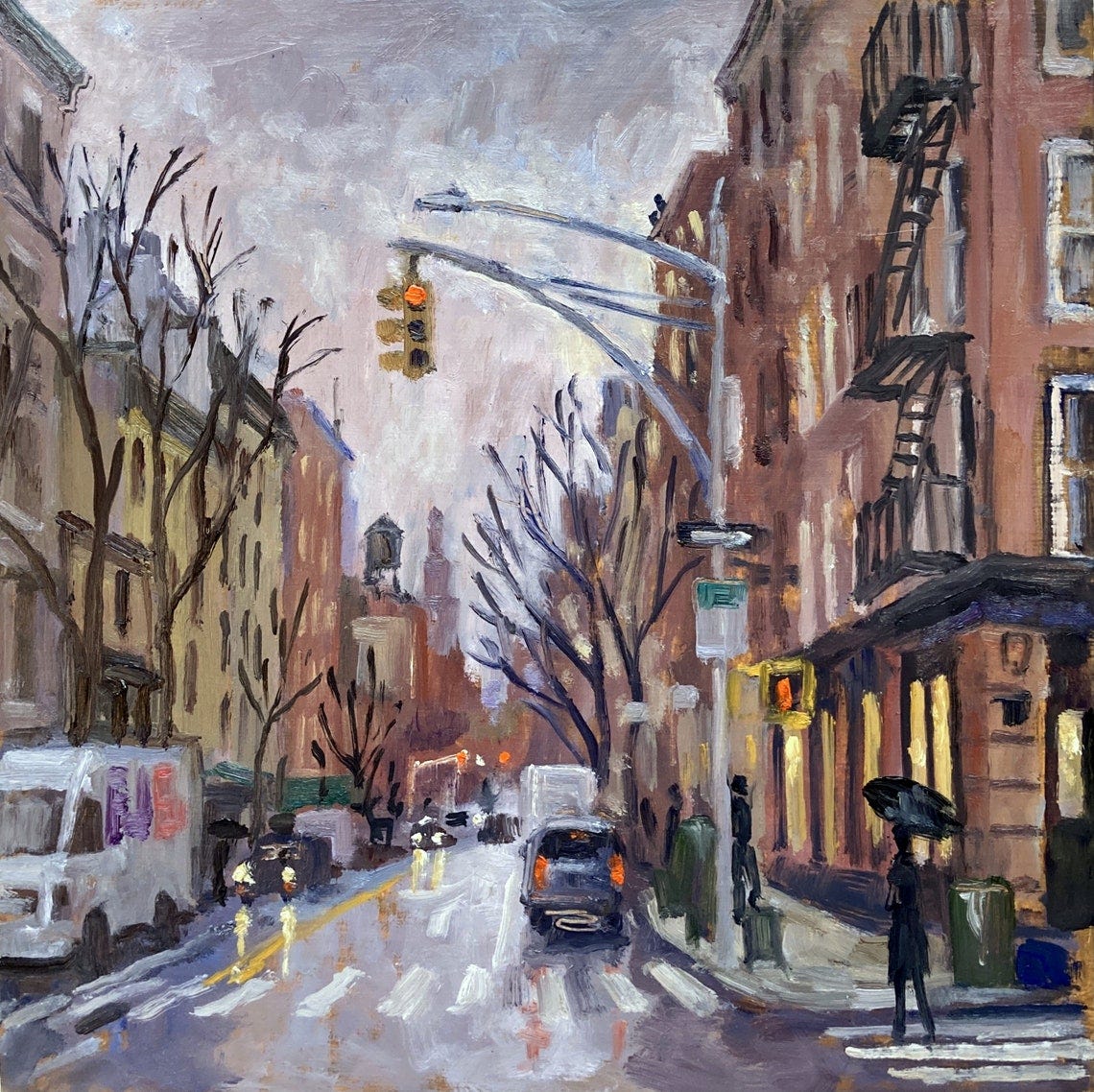 May include: A painting of a city street scene with brown buildings, a traffic light, and a person walking with an umbrella. The street is wet and there are cars parked on the side of the road. The sky is a light gray color and there are trees on either side of the street.