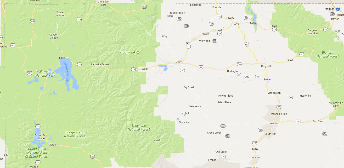 Google Maps's depiction of Northwest Wyoming, with National Parks and Forests in green but BLM land not shown Google Maps's depiction of Northwest Wyoming, with National Parks and Forests in green but BLM land not shown