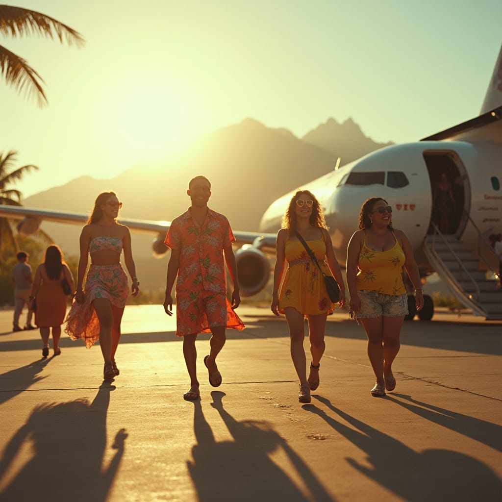 Tourists in vibrant island attire, stepping off a plane onto the sun-kissed tarmac of Jamaica's Norman Manley International Airport, surrounded by lush greenery and swaying palm trees, with the majestic Blue Mountains rising in the distance. Warm golden light casts long shadows, as if shot during the golden hour, with a shallow depth of field, emphasizing the excitement and wonder on the tourists' faces.