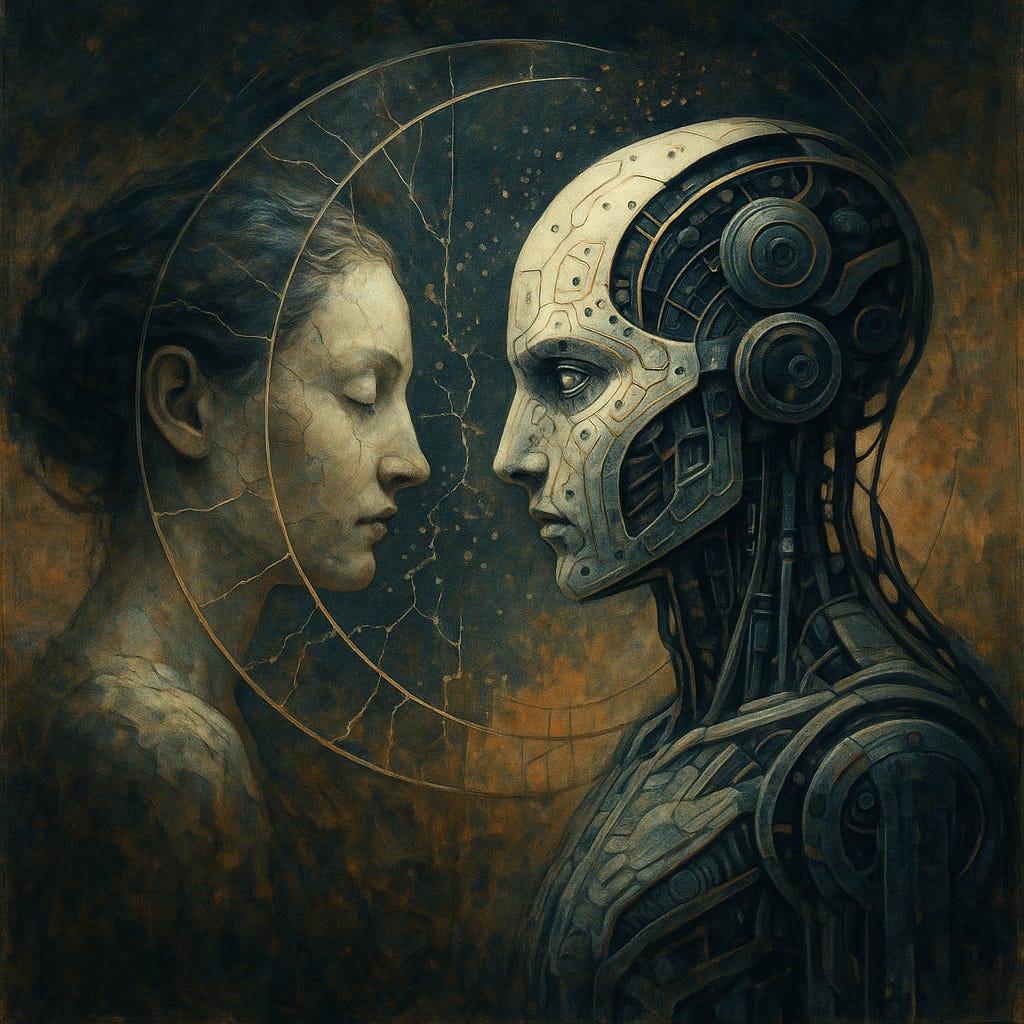 A surreal digital painting of a human woman and a humanoid robot facing each other within a cracked, glowing circular frame. The woman's eyes are closed, evoking emotion and introspection, while the robot's eyes are open, cold and calculating. The cracked mirror between them symbolises the collapse of self in the face of perfected artificial reflection. The background is abstract, with dark, earthy tones that intensify the contrast between organic soul and mechanical precision.