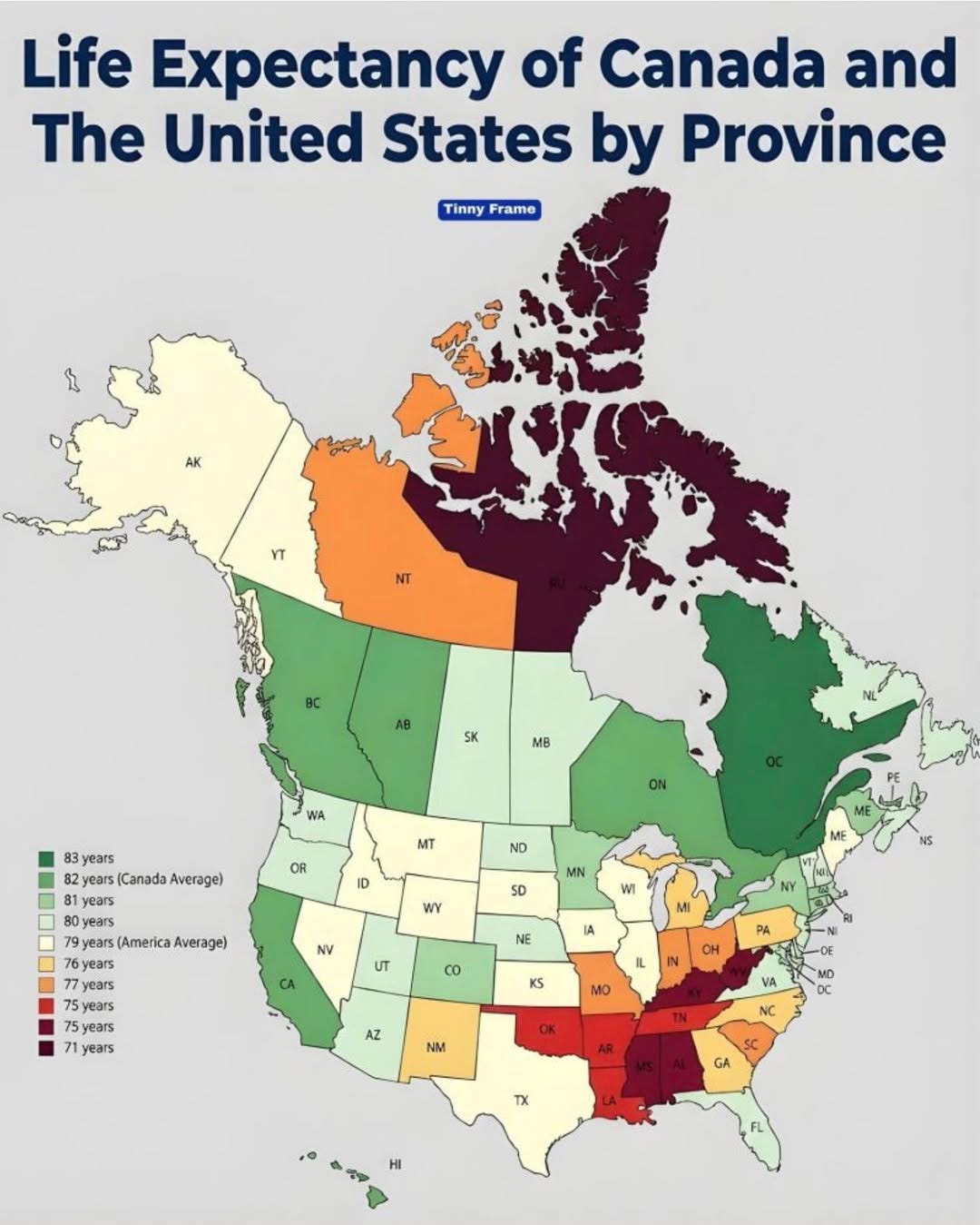 Peut être une image de carte et texte : « Life of Canada and The United States by Province Tinny Frame AK NT AB SK MB WA 83 years years Average) OR MT ND ID 0years 7 years (America (AmericaAverage) Average) 76 years MN WY SD ME WI NV UT A NE 75years 75y 75years years 71 years CO PA IL KS MO AZ NM DC TX GA HI »