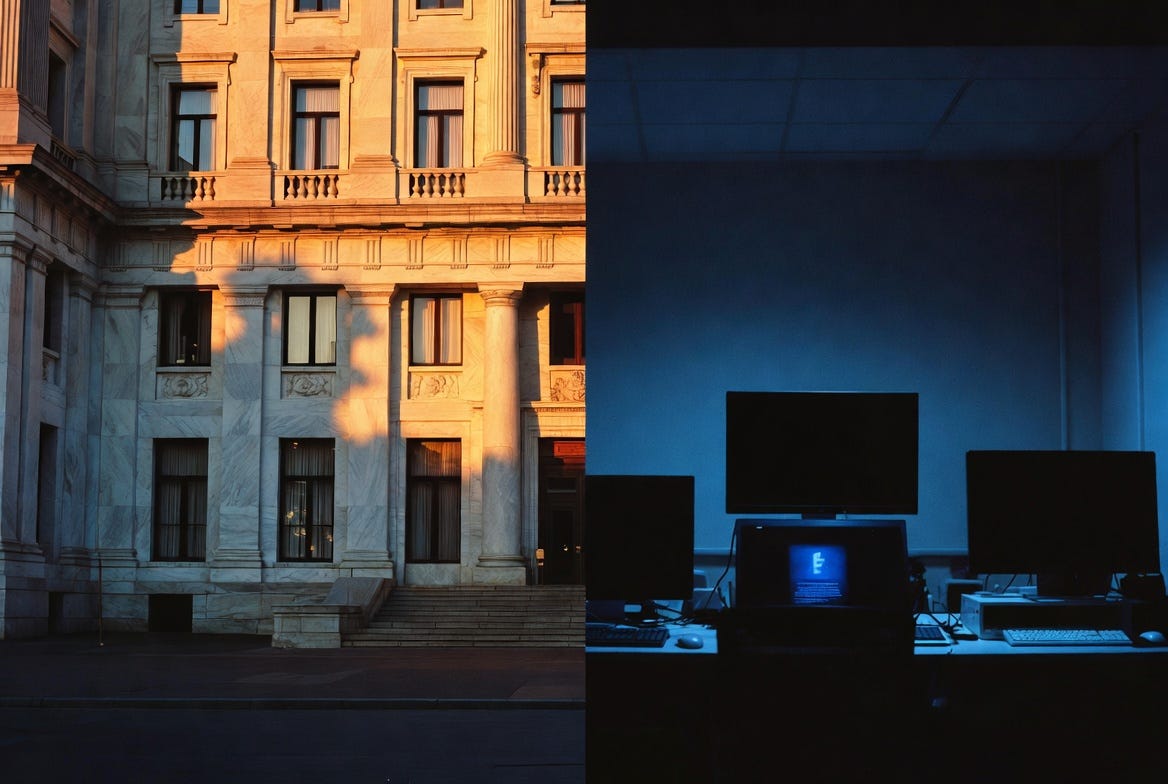 Split image showing a warmly lit government building on the left and a dark business office with an error screen on the right, representing the two-tier response of centralized stablecoin enforcement. Split image showing a warmly lit government building on the left and a dark business office with an error screen on the right, representing the two-tier response of centralized stablecoin enforcement.