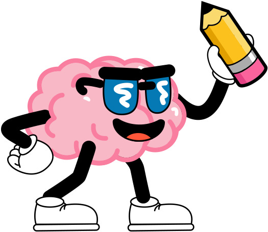 A cartoon brain with a writing pad and pencil symbolizing the value of a content audit.