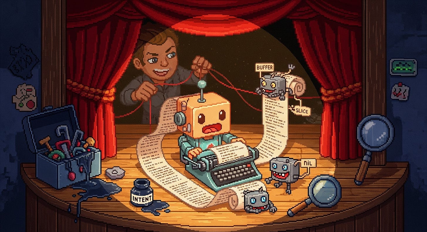 Prompt for Gemini: 90s retro River City–style pixel art, scaled up and cutesy. View from the audience lip of a small puppet theater stage at night. A warm spotlight hits an earnest automaton seated at a clacking typewriter, dutifully spitting out a long paper code-roll. Behind a velvet curtain, a sly promptsmith (human) sits hidden, pulling thin, almost invisible red threads that route into the automaton’s typewriter — subtle social-engineering strings. Tiny mechanical gremlins (pixel sprites) slip out of the paper: one wears a tiny tag buffer, another slice, a third nil — they look ordinary but mischievous, blending into the roll without obvious marks. The theater is full of playful, arcade-style props — an overflowing toolbox, a spilled ink bottle labeled ‘intent’, a magnifying glass casting an exaggerated shadow. Lighting is dramatic and warm, soft grainy pixel shading, high contrast between spotlight and dark curtain, nostalgic 16-bit textures and tidy sprite detail.