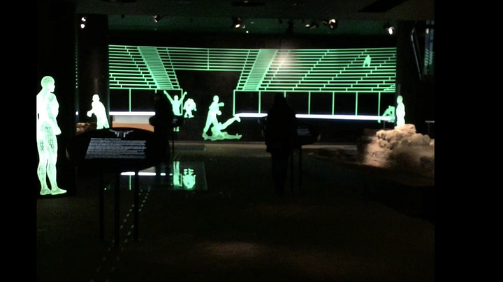 Londinium's Amphitheatre reconstructed with the help of lighting, sits underneath the Guildhall Art Gallery on London.