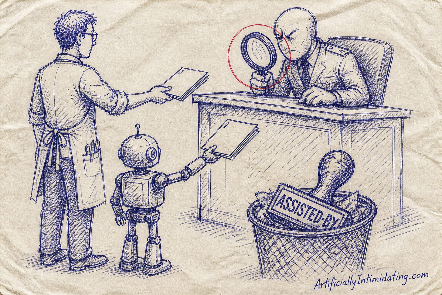 A rubber stamp reading ASSISTED-BY sits in a wastebasket while an engineer and a small robot both hand patch papers to a stern gatekeeper who inspects them through a magnifying glass.