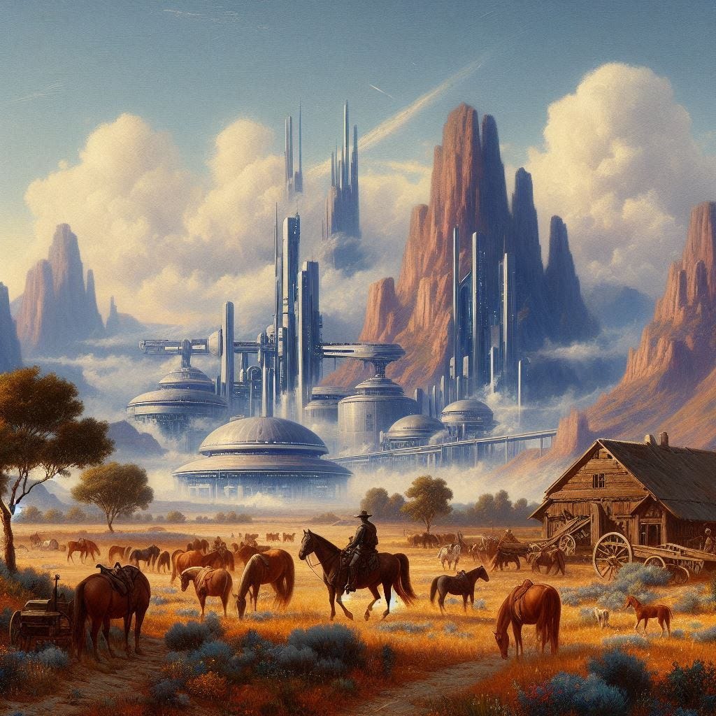 A western landscape with horses and a futuristic factory in the background, in an oil-painting style with slightly less detail