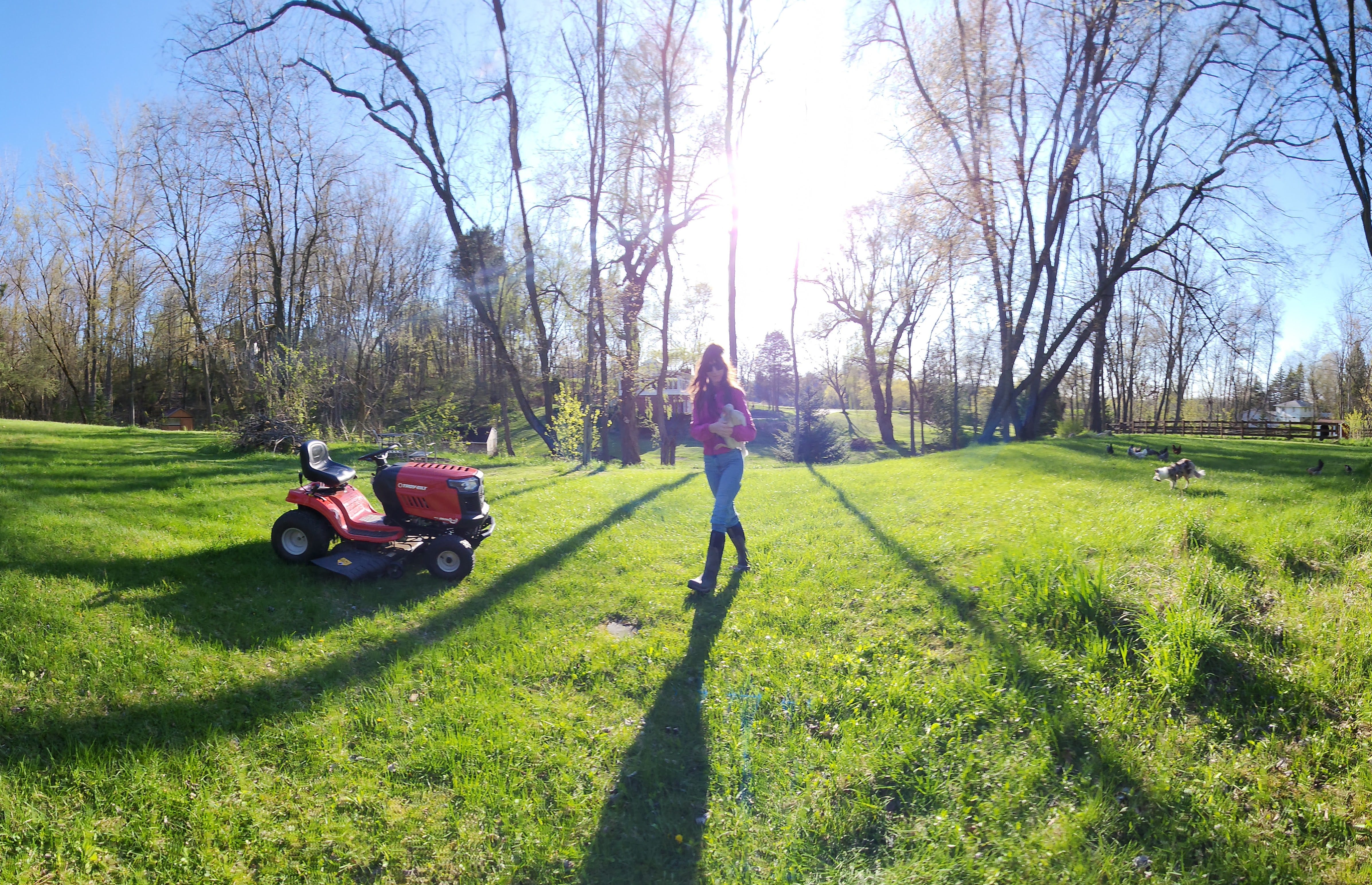Hannah holding a chicken beside her garden tractor in a sunlit field.