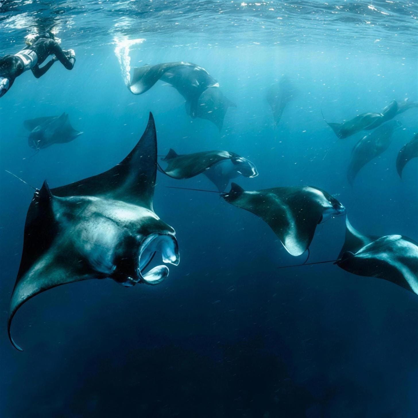 A reef manta ray gliding through open blue water A reef manta ray gliding through open blue water