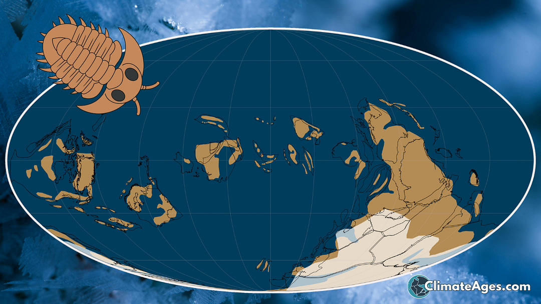 Illustrated map of Earth during the Late Ordovician, about 450 million years ago. Continents are shown in tan against a dark blue ocean, arranged very differently from today. A large southern supercontinent, Gondwana, stretches over the South Pole. A cartoon trilobite appears in the upper left corner. The image includes a Climate Ages logo in the lower right. Base paleogeographic map adapted from a Wikimedia Commons image of Earth at 450 million years ago.