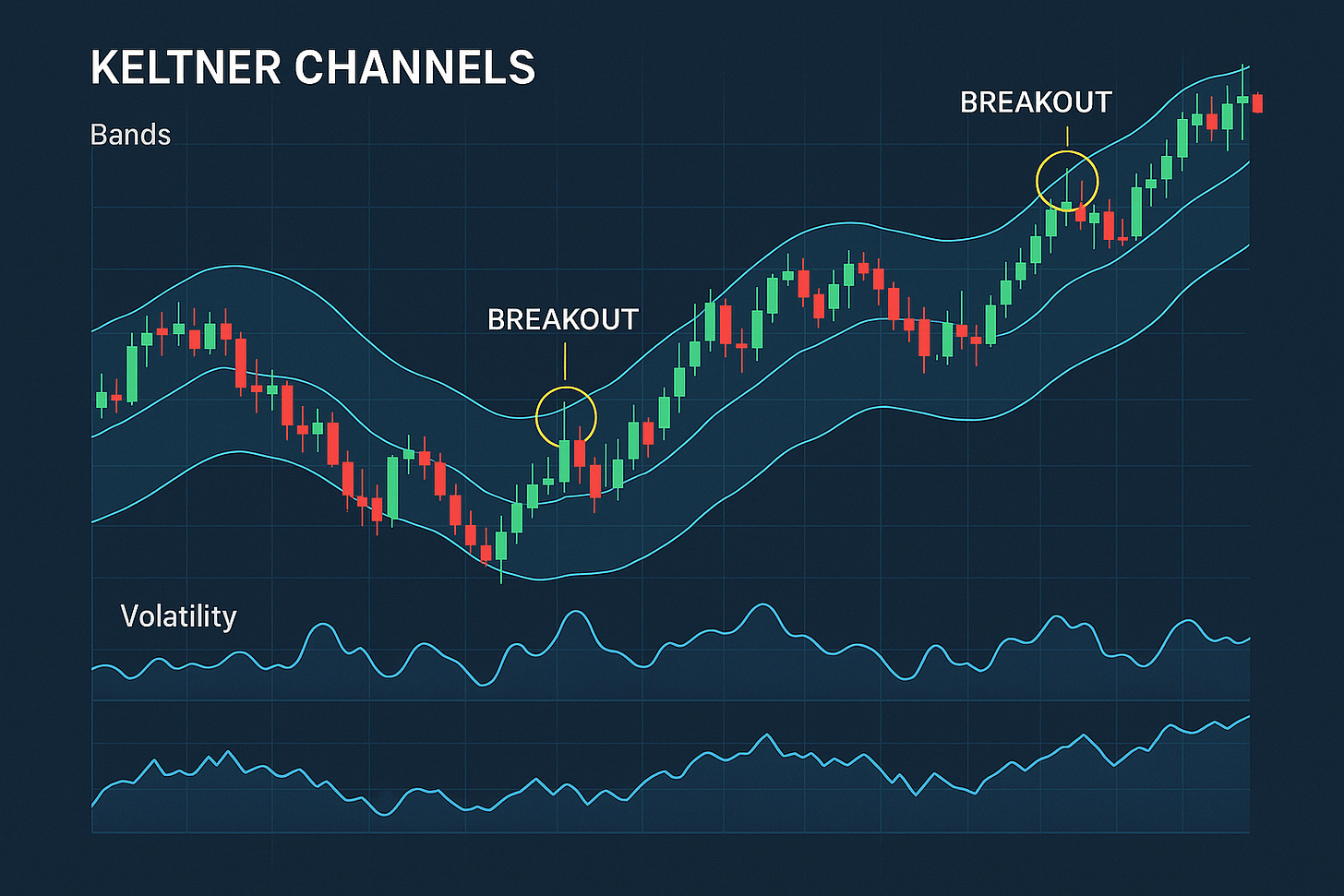 Graphique de trading illustrant les bandes de Keltner et les signaux de cassure