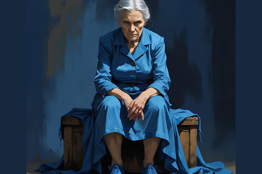 Old woman dressed in blue
