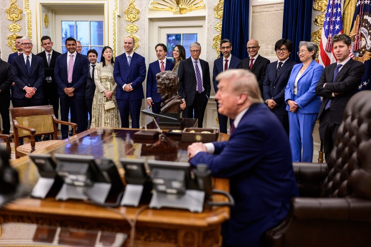 President Donald Trump poses for photos with tech leaders in the Oval Office, Thursday, September 4, 2025. (Official White House Photo by Daniel Torok) President Donald Trump poses for photos with tech leaders in the Oval Office, Thursday, September 4, 2025. (Official White House Photo by Daniel Torok)