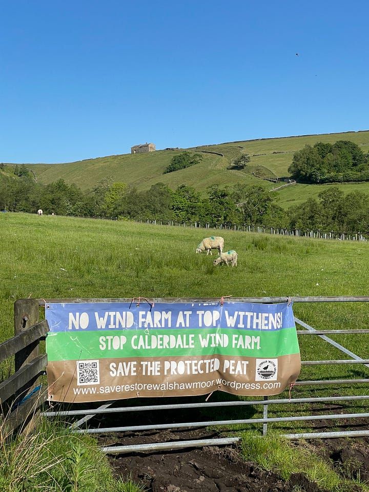 A walking group pose for a photo, Protest banner for Stop Calderdale Wind Farm, A novel called The Pretender by Jo Harkin, Katherine selfie