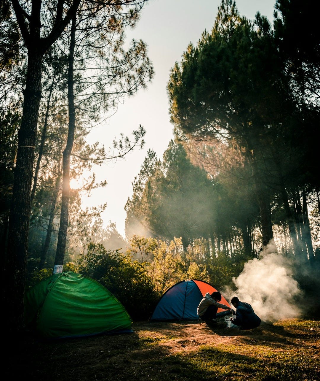 two persons sitting near two camping tents in the woods two persons sitting near two camping tents in the woods