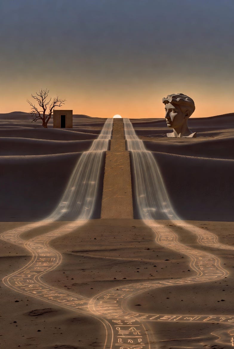 A surreal desert twilight scene with a central path, ghostly paths, and symbolic elements in a minimalist style.