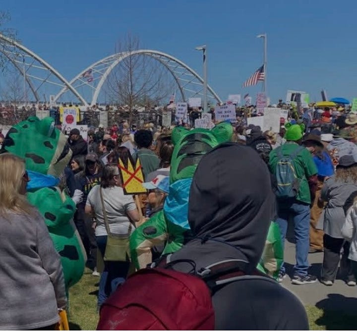From top left: A group of marchers carrying American flags and No Kings signs, some of them wearing frog costumes. Marchers curve around a glass building. A highway overpass lined with protesters. a protester mid-march following a large crowd displays a sign to the camera "No Sign is Big Enough to List All The Reasons Why I'm Here."