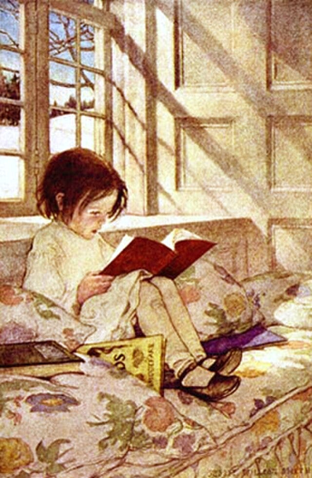 Drawing of child reading a book on a cushiony couch by a window, by Jessie Willcox Smith via Wikimedia Commons Drawing of child reading a book on a cushiony couch by a window, by Jessie Willcox Smith via Wikimedia Commons