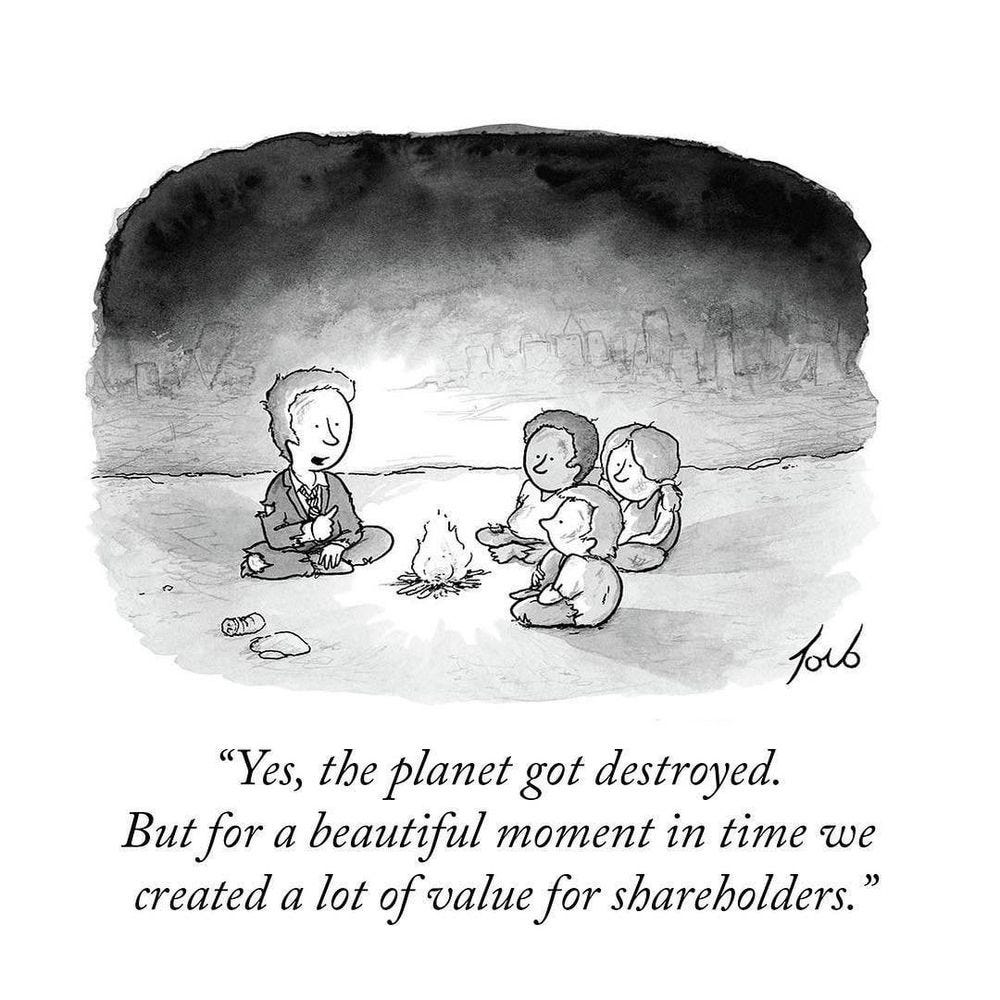 Cartoon of man and children all in raggedy clothing around a campfire. Caption reads
"Yes, the planet got destroyed.
But for a beautiful moment in time we created a lot of value for shareholders.”