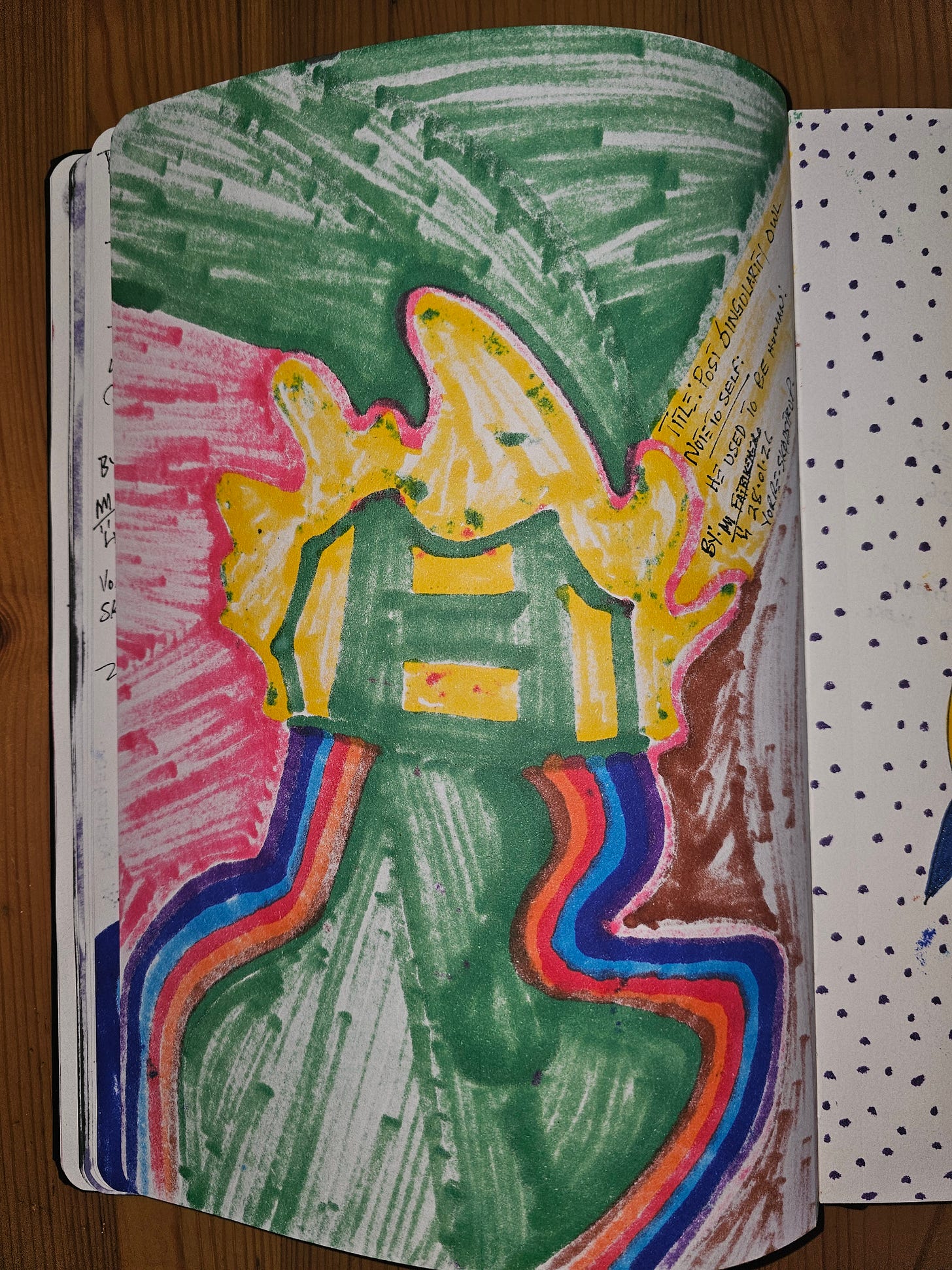 **Alt Text (Verso)**  Verso of *Post Singularity Owl* by FatbikeHero, showing a faded version of the figure and the handwritten note “it used to be human.”