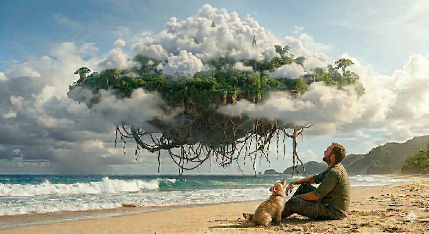A man and a small, light brown dog sit on a sandy beach, looking up in awe at a colossal island floating in the sky. The island is covered in dense forest and partially hidden by clouds, with massive tree roots hanging down freely just above the ocean waves.