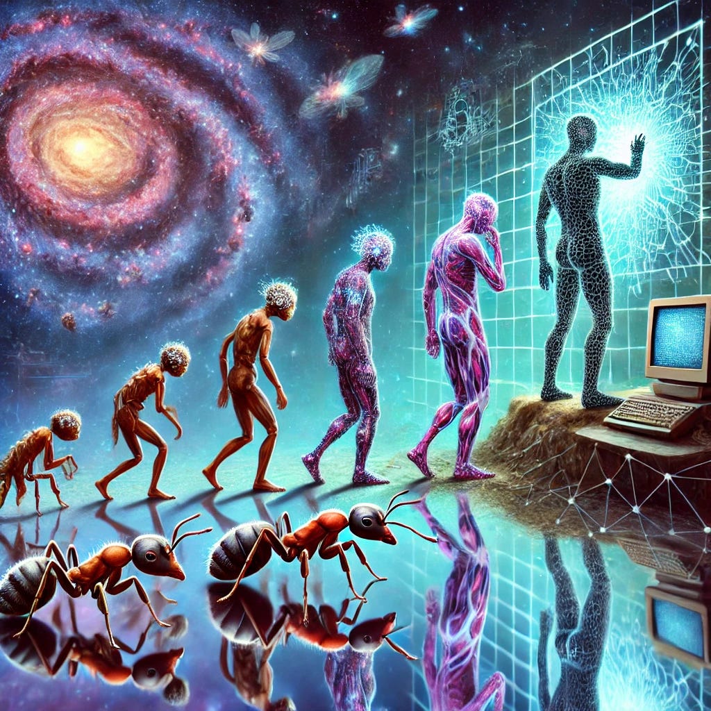 A depiction of self-awareness as an evolutionary process. The image transitions from simpler life forms like ants in a eusocial colony to more complex beings like humans, showcasing different levels of consciousness and self-recognition. The human figure is shown with a reflective pose, gazing into a mirror or at a symbolic 'I' representation, suggesting the concept of self-awareness. The image should also subtly suggest computers in the background, hinting at the idea of artificial self-awareness, with neural network-like patterns in the environment. A cosmic background hints at the larger questions of existence and universes.