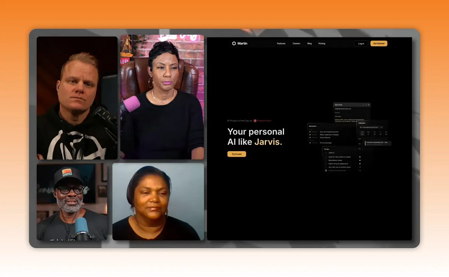 Four-person video panel on the left and the Martin product homepage on the right reading 'Your personal AI like Jarvis', clear and high-quality.