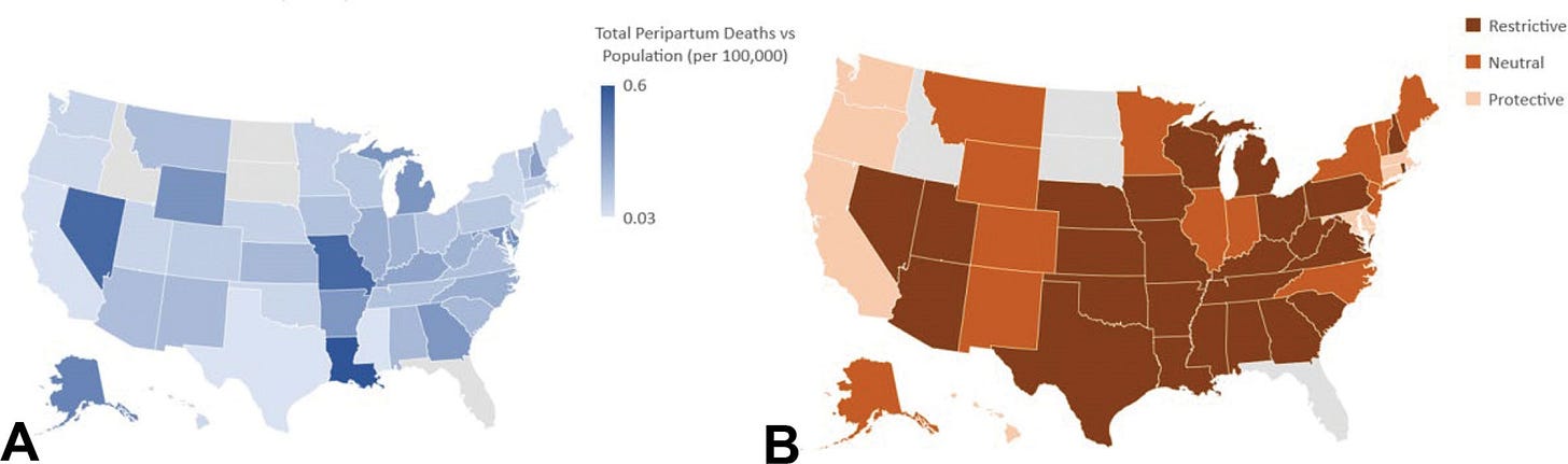 Two maps of the USA side by side. The left map shows total peripartum deaths by state population. The right map shows abortion legislation by state. Two maps of the USA side by side. The left map shows total peripartum deaths by state population. The right map shows abortion legislation by state.