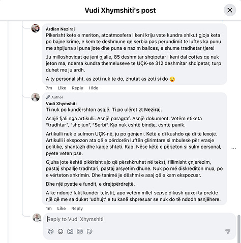 Galeria paraqet reagime reale nga publiku pas publikimit të hulumtimit, të cilat shërbejnë si dokumentim empirik i mënyrës se si funksionon delegjitimimi dhe frikësimit në hapësirën publike. Reagime publike të dokumentuara tregojnë zhvendosjen nga debat me fakte drejt etiketimeve, gjuhës së frikësimit dhe presionit personal, në përputhje me analizën e përshkruar në gjetjet hulumtuese të botuara më 4 Shkurt 2026.
