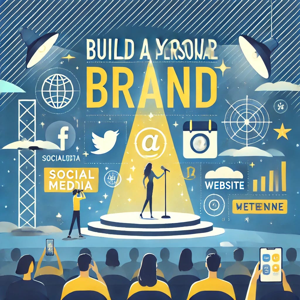 An illustration of building a personal brand, featuring a person standing on a platform with icons representing social media, a website, and a microphone. The background shows elements like a spotlight and an audience, symbolizing influence and visibility. The style is modern, motivational, and vibrant, with tones of blue, yellow, and white.