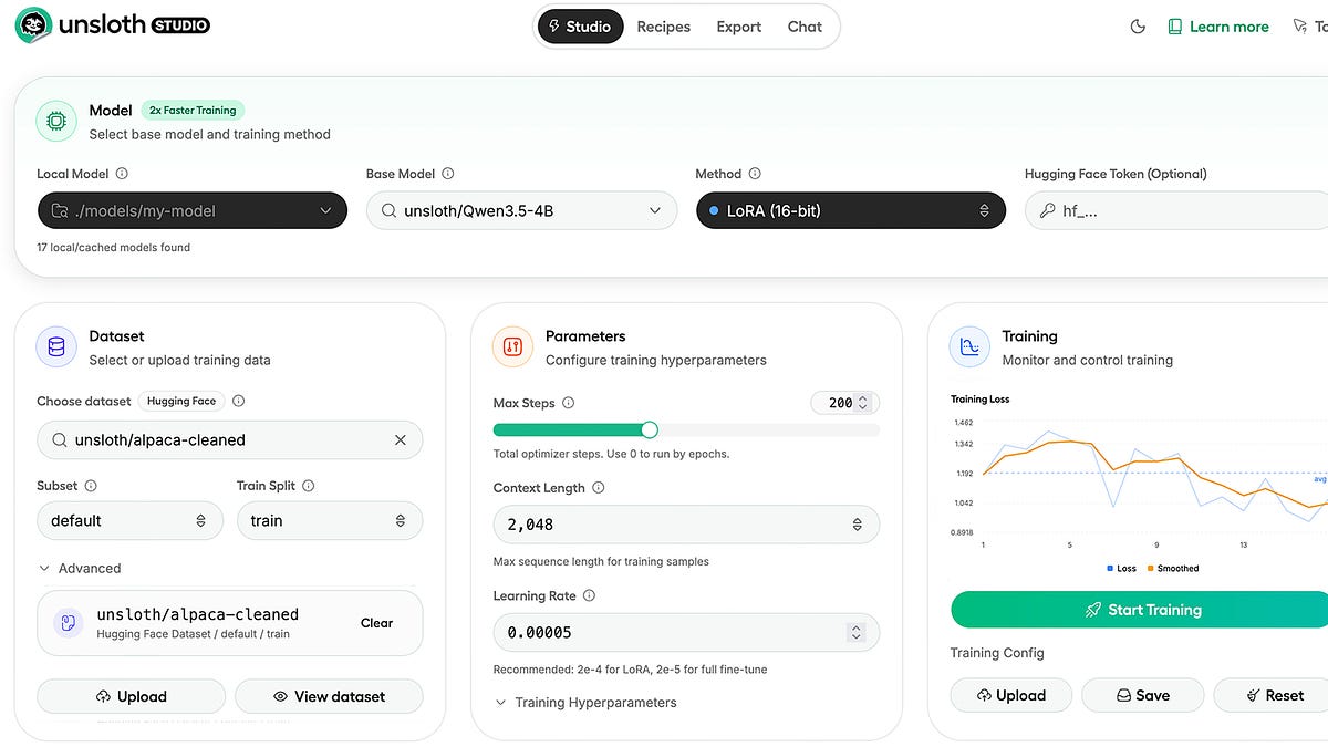 Unsloth Studio local LLM fine-tuning web UI