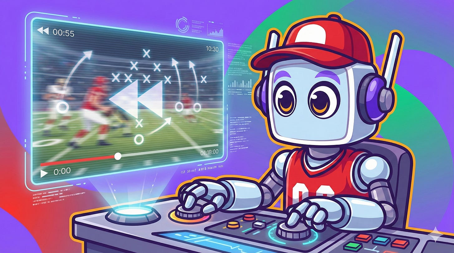 A cartoon robot character with headphones and a red jersey uses a control panel to rewind game footage on a futuristic holographic screen, analyzing football plays.