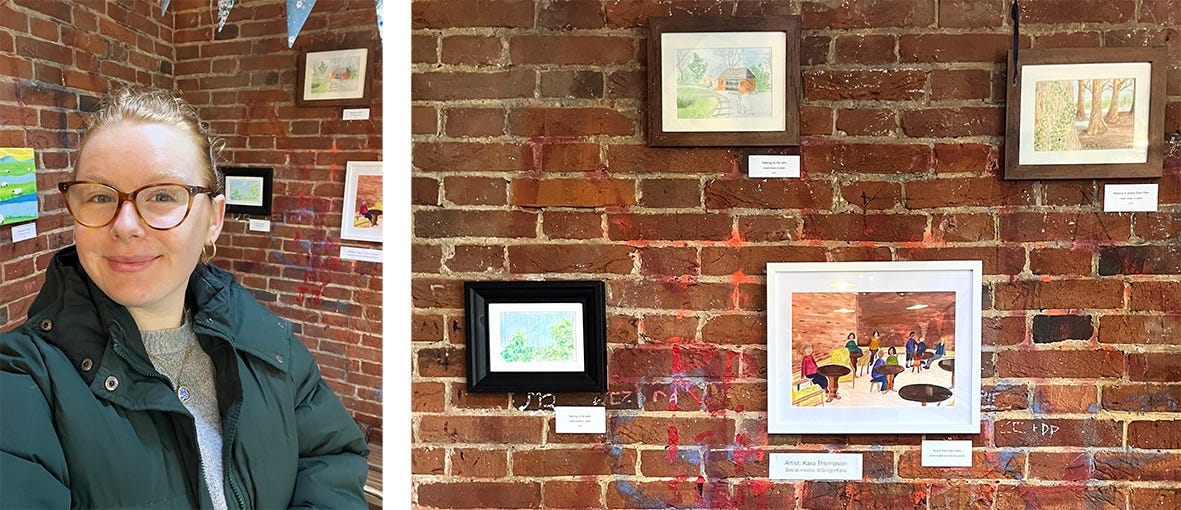 two photos: one of Kara smiling in front of a wall of art, one of a wall with four framed artworks on it two photos: one of Kara smiling in front of a wall of art, one of a wall with four framed artworks on it