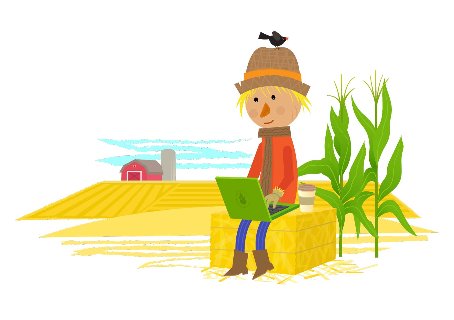 Scarecrow writing on a laptop.