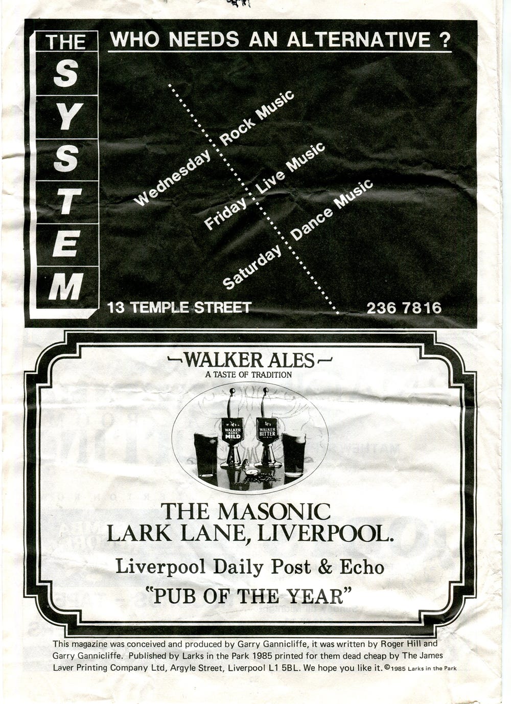 Page 4 of the Larks 1985 programme with adverts for The System club and the Masonic in Lark Lane.